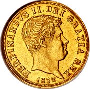 Italy 3 Ducati Ferdinando II 1832 KM# 320 FERDINANDVS II DEI GRATIA REX. 1832 coin obverse Italy 3 Ducati Ferdinando II 1832 KM# 320 FERDINANDVS II DEI GRATIA REX. 1832 coin obverse