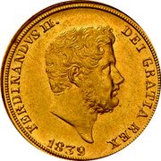 Italy 3 Ducati Ferdinando II 1839 KM# 333 FERDINANDVS II DEI GRATIA REX 1839 coin obverse Italy 3 Ducati Ferdinando II 1839 KM# 333 FERDINANDVS II DEI GRATIA REX 1839 coin obverse