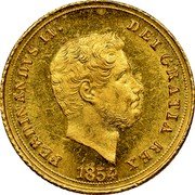 Italy 3 Ducati Ferdinando II 1854 KM# 367 FERDINANDVS II. DEI GRATIA REX. 1854 coin obverse Italy 3 Ducati Ferdinando II 1854 KM# 367 FERDINANDVS II. DEI GRATIA REX. 1854 coin obverse