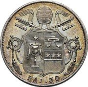 Italy 30 Baiocchi Gregory XVI 1834 R IV KM# 1104 BAI 30 coin reverse Italy 30 Baiocchi Gregory XVI 1834 R IV KM# 1104 BAI 30 coin reverse