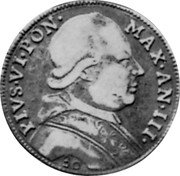Italy 30 Bolognini (Testone) Pius VI 1777 III KM# 263 PIVS VI PON MAX III 30 coin obverse Italy 30 Bolognini (Testone) Pius VI 1777 III KM# 263 PIVS VI PON MAX III 30 coin obverse