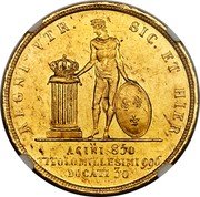 Italy 30 Ducati Ferdinando II 1831 KM# 312 REGNI VTR. SIC. ET HIER. ACINI 850 TITOLO MILLESIMI 996 DUCATI 30 coin reverse Italy 30 Ducati Ferdinando II 1831 KM# 312 REGNI VTR. SIC. ET HIER. ACINI 850 TITOLO MILLESIMI 996 DUCATI 30 coin reverse