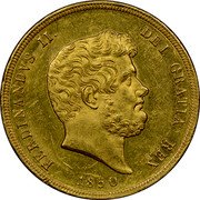 Italy 30 Ducati Ferdinando II 1850 KM# 368 FERDINANDVS II DEI GRATIA REX 1850 coin obverse Italy 30 Ducati Ferdinando II 1850 KM# 368 FERDINANDVS II DEI GRATIA REX 1850 coin obverse