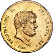 Italy 30 Ducati Ferdinando II 1856 KM# 372 FERDINANDVS II. DEI GRATIA REX 1856 coin obverse Italy 30 Ducati Ferdinando II 1856 KM# 372 FERDINANDVS II. DEI GRATIA REX 1856 coin obverse