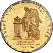 Italy 30 Ducati Ferdinando II 1856 KM# 372 REGNI VTR SIC ET HIER TRAPP. 42. 50/100 TITOLO MILLESIMI 996 DUCATI 30 coin reverse Italy 30 Ducati Ferdinando II 1856 KM# 372 REGNI VTR SIC ET HIER TRAPP. 42. 50/100 TITOLO MILLESIMI 996 DUCATI 30 coin reverse