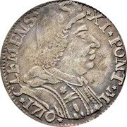 Italy 4 Bolognini Clement XI 1710 KM# 139 CLEMENS XI PONT M 1710 coin obverse Italy 4 Bolognini Clement XI 1710 KM# 139 CLEMENS XI PONT M 1710 coin obverse