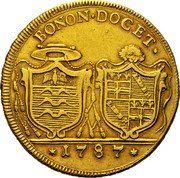 Italy 4 Doppie D'oro (Quadrupla) Pius VI 1787 XIII KM# 318 BONON DOCET 1787 coin reverse Italy 4 Doppie D'oro (Quadrupla) Pius VI 1787 XIII KM# 318 BONON DOCET 1787 coin reverse