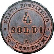 Italy 4 Soldo (20 Centesimi) Pius IX 1868 R XXII KM# 1374 STATO PONTIFICIO 4 SOLDI R 20 CENTESIMI coin reverse Italy 4 Soldo (20 Centesimi) Pius IX 1868 R XXII KM# 1374 STATO PONTIFICIO 4 SOLDI R 20 CENTESIMI coin reverse