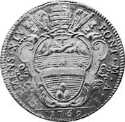 Italy 40 Bolognini (1/2 Scudo; 2 Lire) Clement XIV 1769 I KM# 244 CLEMENS XIV PONT M A 1769 coin obverse Italy 40 Bolognini (1/2 Scudo; 2 Lire) Clement XIV 1769 I KM# 244 CLEMENS XIV PONT M A 1769 coin obverse