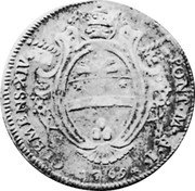 Italy 40 Bolognini (1/2 Scudo; 2 Lire) Clement XIV 1769 I KM# 243 CLEMENS XIV PONT M A I 1769 coin obverse Italy 40 Bolognini (1/2 Scudo; 2 Lire) Clement XIV 1769 I KM# 243 CLEMENS XIV PONT M A I 1769 coin obverse