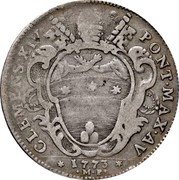 Italy 40 Bolognini (1/2 Scudo - 2 Lire) Clement XIV 1773 V KM# 254 CLEMENS XIV PONT MAX AV 1773 M P coin obverse Italy 40 Bolognini (1/2 Scudo - 2 Lire) Clement XIV 1773 V KM# 254 CLEMENS XIV PONT MAX AV 1773 M P coin obverse