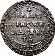 Italy 5 Baiocchi Pius VI 1797 XXIII KM# 1 PIVS PAPA SEXTVS ANNO XXIII 1797 BAIOC SINQVE MACERA TA 1797 coin obverse Italy 5 Baiocchi Pius VI 1797 XXIII KM# 1 PIVS PAPA SEXTVS ANNO XXIII 1797 BAIOC SINQVE MACERA TA 1797 coin obverse
