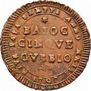 Italy 5 Baiocchi Pius VI 1797 XXIII KM# 178 PIVS PAPA SEXTVS ANNO XXIII BAIOC CINQVE GVBBIO 1797 coin obverse Italy 5 Baiocchi Pius VI 1797 XXIII KM# 178 PIVS PAPA SEXTVS ANNO XXIII BAIOC CINQVE GVBBIO 1797 coin obverse
