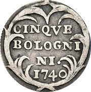 Italy 5 Bolognini (Carlino) Benedict XIV 1740 KM# 221 CINQUE BOLOGNI NI 1740 coin reverse Italy 5 Bolognini (Carlino) Benedict XIV 1740 KM# 221 CINQUE BOLOGNI NI 1740 coin reverse