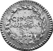 Italy 5 Bolognini (Carlino) Clement XIV 1771 KM# 250 CINQVE BOLOGNI NI 1771 coin reverse Italy 5 Bolognini (Carlino) Clement XIV 1771 KM# 250 CINQVE BOLOGNI NI 1771 coin reverse