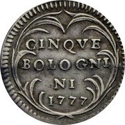 Italy 5 Bolognini (Carlino) Pius VI 1777 KM# 260 CINQVE BOLOGNI NI 1777 coin reverse Italy 5 Bolognini (Carlino) Pius VI 1777 KM# 260 CINQVE BOLOGNI NI 1777 coin reverse