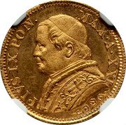 Italy 5 Lire Pio IX 1866 R XXI KM# 1380 PIVS IX PON MAX A XXI coin obverse Italy 5 Lire Pio IX 1866 R XXI KM# 1380 PIVS IX PON MAX A XXI coin obverse