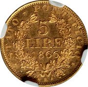 Italy 5 Lire Pio IX 1866 R XXI KM# 1380 STATO PONTIFICIO 5 LIRE 1866 coin reverse Italy 5 Lire Pio IX 1866 R XXI KM# 1380 STATO PONTIFICIO 5 LIRE 1866 coin reverse