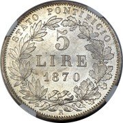 Italy 5 Lira Pio IX 1870 R XXIV KM# 1385 STATO PONTIFICIO 5 LIRE 1870 R coin reverse Italy 5 Lira Pio IX 1870 R XXIV KM# 1385 STATO PONTIFICIO 5 LIRE 1870 R coin reverse