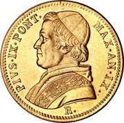Italy 5 Scudo Pius IX 1854 R IX KM# 1116 PIVS IX PONT MAX AN IX R. coin obverse Italy 5 Scudo Pius IX 1854 R IX KM# 1116 PIVS IX PONT MAX AN IX R. coin obverse