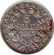 Italy 5 Soldo (25 Centesimi) Pius IX 1867 R XXI KM# 1375 STATO PONTIFICIO 5 SOLDI 1867 25 R C coin reverse Italy 5 Soldo (25 Centesimi) Pius IX 1867 R XXI KM# 1375 STATO PONTIFICIO 5 SOLDI 1867 25 R C coin reverse