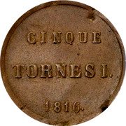 Italy 5 Tornesi Ferdinando I 1816 KM# 271 CINQUE TORNESI 1816 coin reverse Italy 5 Tornesi Ferdinando I 1816 KM# 271 CINQUE TORNESI 1816 coin reverse