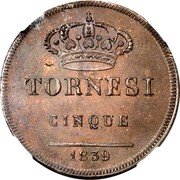 Italy 5 Tornesi Ferdinando II 1839 KM# 305 TORNESI CINQUE 1839 coin reverse Italy 5 Tornesi Ferdinando II 1839 KM# 305 TORNESI CINQUE 1839 coin reverse
