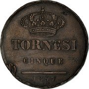 Italy 5 Tornesi Ferdinando II 1857 KM# 360 TORNESI CINQUE 1849 coin reverse Italy 5 Tornesi Ferdinando II 1857 KM# 360 TORNESI CINQUE 1849 coin reverse