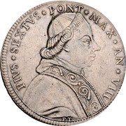 Italy 50 Bolognini Pius VI 1782 VIII KM# 298 PIVS SEXTVS PONT MAX AN VIII coin obverse Italy 50 Bolognini Pius VI 1782 VIII KM# 298 PIVS SEXTVS PONT MAX AN VIII coin obverse