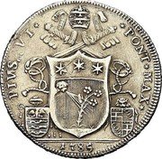 Italy 50 Bolognini Pius VI 1785 KM# 305 PIVS VI PONT MAX 1785 coin obverse Italy 50 Bolognini Pius VI 1785 KM# 305 PIVS VI PONT MAX 1785 coin obverse