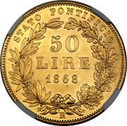 Italy 50 Lire Pio IX 1868 R XXII KM# 1388 STATO PONTIFICIO 50 LIRE 1868 R coin reverse Italy 50 Lire Pio IX 1868 R XXII KM# 1388 STATO PONTIFICIO 50 LIRE 1868 R coin reverse