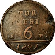 Italy 6 Tornesi Ferdinando IV 1801 P//AP KM# 229 TOR NESI A 6 P 1801 coin reverse Italy 6 Tornesi Ferdinando IV 1801 P//AP KM# 229 TOR NESI A 6 P 1801 coin reverse