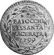 Italy 60 Baiocchi Macerata Coinage 1799 XXV KM# 2 BAIOCCHI SESSANTA MACERATA 1799 coin reverse Italy 60 Baiocchi Macerata Coinage 1799 XXV KM# 2 BAIOCCHI SESSANTA MACERATA 1799 coin reverse