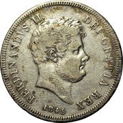 Italy 60 Grana Ferdinando II 1845 KM# 351 FERDINANDVS II. DEI GRATIA REX 1845 coin obverse Italy 60 Grana Ferdinando II 1845 KM# 351 FERDINANDVS II. DEI GRATIA REX 1845 coin obverse