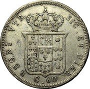 Italy 60 Grana Ferdinando II 1845 KM# 351 REGNI VTR. SIC. ET HIER. G. 60 coin reverse Italy 60 Grana Ferdinando II 1845 KM# 351 REGNI VTR. SIC. ET HIER. G. 60 coin reverse