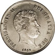 Italy 60 Grana Ferdinando II 3rd portrait 1857 KM# 361 FERDINANDVS II. DEI GRATIA REX 1857 coin obverse Italy 60 Grana Ferdinando II 3rd portrait 1857 KM# 361 FERDINANDVS II. DEI GRATIA REX 1857 coin obverse