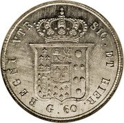 Italy 60 Grana Ferdinando II 3rd portrait 1857 KM# 361 REGNI VTR. SIC. ET HIER. G. 60 coin reverse Italy 60 Grana Ferdinando II 3rd portrait 1857 KM# 361 REGNI VTR. SIC. ET HIER. G. 60 coin reverse