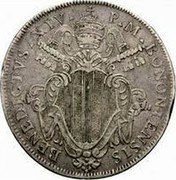 Italy 80 Bolognia (4 Lire; Scudo) Benedict XIV 1740 KM# 223 BENEDICTVS XIV P M BONONIENSIS coin obverse Italy 80 Bolognia (4 Lire; Scudo) Benedict XIV 1740 KM# 223 BENEDICTVS XIV P M BONONIENSIS coin obverse