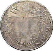 Italy 80 Bolognia (4 Lire; Scudo) (Pius VI) KM# 257 PIVS VI PON MAX A I 17 75 coin obverse Italy 80 Bolognia (4 Lire; Scudo) (Pius VI) KM# 257 PIVS VI PON MAX A I 17 75 coin obverse