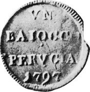 Italy Baiocco Perugia Coinage 1797 XXIII KM# 5 VN BAIOCCO PERVGIA 1797 coin reverse Italy Baiocco Perugia Coinage 1797 XXIII KM# 5 VN BAIOCCO PERVGIA 1797 coin reverse