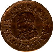 Italy Centesimo Pio IX 1866 R XXI KM# 1370 PIVS IX PON MAX AN XXI 1866 coin obverse Italy Centesimo Pio IX 1866 R XXI KM# 1370 PIVS IX PON MAX AN XXI 1866 coin obverse