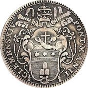 Italy Doppio Giulio (1/5 Scudo) Clement XIV 1771 1771-II KM# 1009 CLEMENS XIV PONT M A N II coin obverse Italy Doppio Giulio (1/5 Scudo) Clement XIV 1771 1771-II KM# 1009 CLEMENS XIV PONT M A N II coin obverse