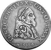 Italy ECU Innocent X 1651 KM# 78 INNOCENTIVS X PONT OPT MAX 1651 coin obverse Italy ECU Innocent X 1651 KM# 78 INNOCENTIVS X PONT OPT MAX 1651 coin obverse