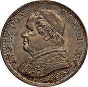 Italy 1 Lira Pio IX Medium bust 1866 R XXI KM# 1378 PIVS IX PON MAX AN XXI coin obverse Italy 1 Lira Pio IX Medium bust 1866 R XXI KM# 1378 PIVS IX PON MAX AN XXI coin obverse