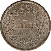 Italy 1 Lira Pio IX Medium bust 1866 R XXI KM# 1378 STATO PONTIFICIO 1 LIRA 1866 R coin reverse Italy 1 Lira Pio IX Medium bust 1866 R XXI KM# 1378 STATO PONTIFICIO 1 LIRA 1866 R coin reverse
