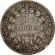 Italy 1 Lira Pius IX 1866 R XXI KM# 1377.3 STATO PONTIFICIO 1 LIRA 1866 coin reverse Italy 1 Lira Pius IX 1866 R XXI KM# 1377.3 STATO PONTIFICIO 1 LIRA 1866 coin reverse