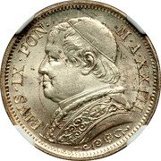 Italy Lira Pio IX Large bust 1868 R XXIII KM# 1387 PIVS IX PON M A XXIII coin obverse Italy Lira Pio IX Large bust 1868 R XXIII KM# 1387 PIVS IX PON M A XXIII coin obverse