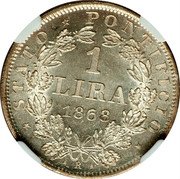 Italy Lira Pio IX Large bust 1868 R XXIII KM# 1387 STATO PONTIFICIO 1 LIRA 1868 R coin reverse Italy Lira Pio IX Large bust 1868 R XXIII KM# 1387 STATO PONTIFICIO 1 LIRA 1868 R coin reverse