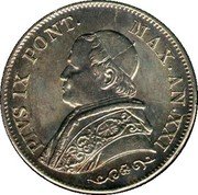 Italy 1 Lira Pio IX Small bust 1866 R XXI KM# 1377.2 PIVS IX PONT MAX AN XXI coin obverse Italy 1 Lira Pio IX Small bust 1866 R XXI KM# 1377.2 PIVS IX PONT MAX AN XXI coin obverse