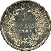 Italy 1 Lira Pio IX Small bust 1866 R XXI KM# 1377.2 STATO PONTIFICIO 1 LIRA 1866 R coin reverse Italy 1 Lira Pio IX Small bust 1866 R XXI KM# 1377.2 STATO PONTIFICIO 1 LIRA 1866 R coin reverse